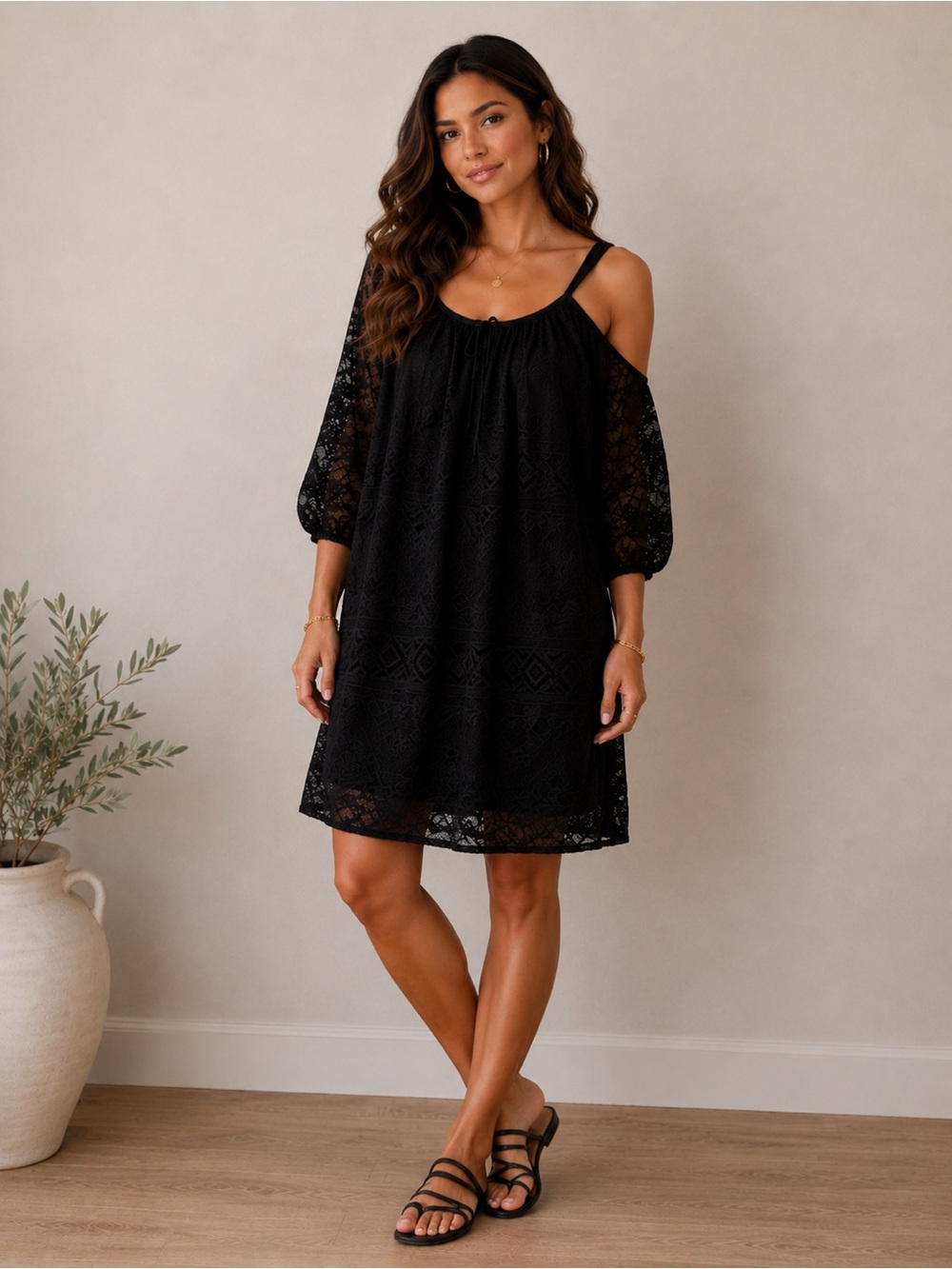 Lavender Brown NWT Black Lace Boho Mini Dress Size M Made USA Retail $184